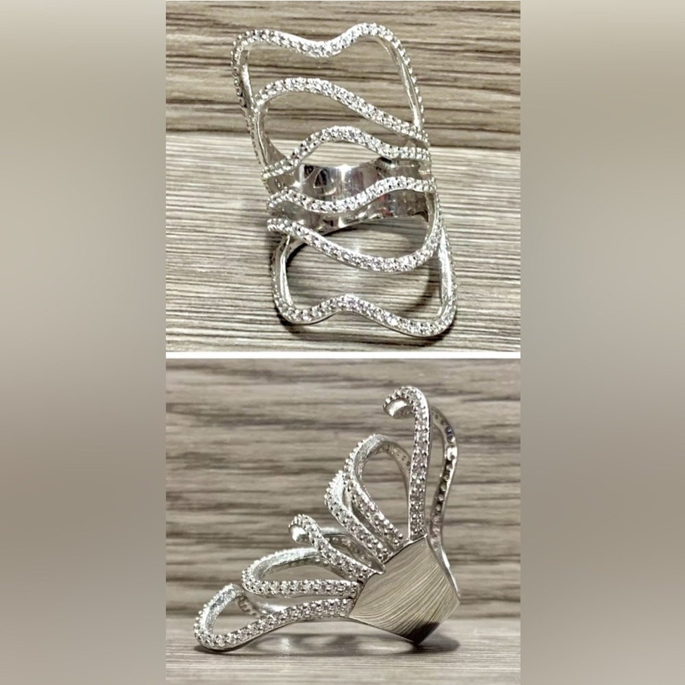 Italian Silver Sterling Silver Free-Form Crystal Full Finger Cage Ring, Size 5